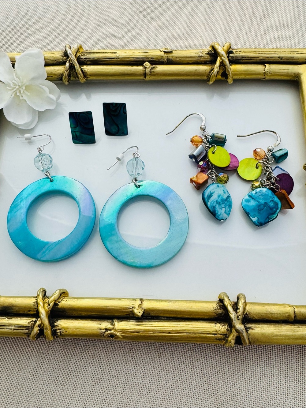 3pc Set Turquoise Blue Round Hoop Drop Earrings - Women's Jewelry Shell Abalone